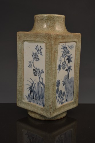 Chinese Square section celadon green crackle glaze vase, with four blue and white painted panels