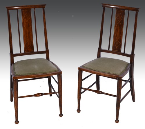 Pair of Edwardian stained wood bedroom chairs, inlaid splats, upholstered seats.