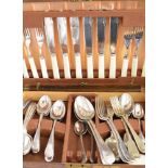 Oak cutlery box and sundry cutlery,