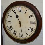 Stained wood wall clock, white enamel dial, single fusee movement, and a presentation plaque,