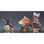 Three Royal Crown Derby paperweights, Dolphin, Trout and a Cat (3).