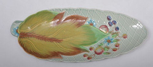 Clarice Cliff, Celtic Harvest pattern, 24cm, a Clarice Cliff leaf shape dish and a Beswick jug, A