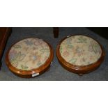 Pair of Victorian walnut circular foot stools, upholstered insets, diameter 29cm.