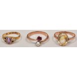 18ct hallmarked rose gold citrine set dress ring, 15ct amethyst and seed pearl ring and a garnet