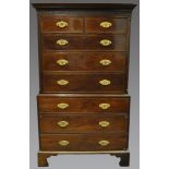 George III mahogany chest on chest, dentil and cavetto cornice, blind fretwork frieze,