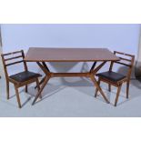 Teak dining table, rectangular top, splayed legs, 137cm x 76cm and three dining chairs to match