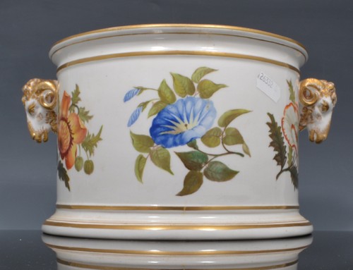 Derby style porcelain Bough pot, demi-lune form, decorated with botanical specimens, width 25cm.