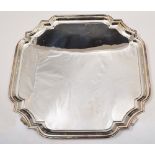 Square shape silver salver, by Barker Ellis, Birmingham 1991, incurved angles, raised on four