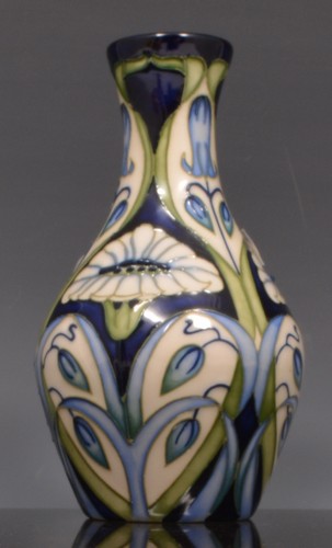 Moorcroft bottle vase, Rain Daisy, 2004, designed by Rachel Bishop, MCC piece, 14cm.