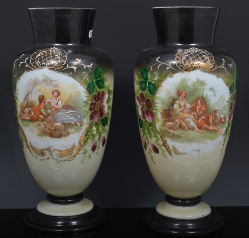 Pair of Victorian opaque glass vases, printed and painted decoration on a cream-to-black ground,