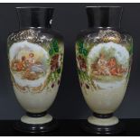 Pair of Victorian opaque glass vases, printed and painted decoration on a cream-to-black ground,