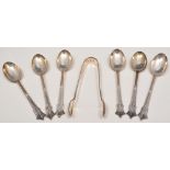 Set of six silver teaspoons and matching sugar tongs, Chester 1915, Onslow pattern, cased, a set of