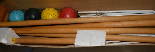 Croquet set in a card box.