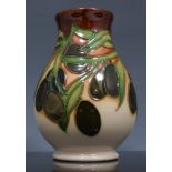 Small Moorcroft pear shape vase, olives, mediterranean design, 2009 by Nicola Slaney, 10cm.