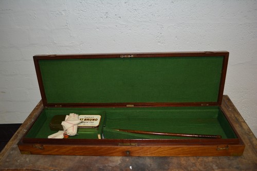 Victorian mahogany gun case, width 82cm and contents.