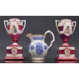 Masons pottery lamp base, Fruit Basket pattern, 28cm, a pair of Staffordshire equestrian figures,