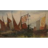 Van Bunnell, "Boats by a Quay", signed, oil on canvas, 31cm x 55cm and two other painting,