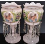Pair of Victorian pink opaque glass lustre vases, with prismatic drops, printed and painted