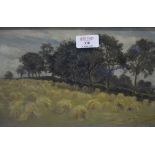 English School, 20th Century, landscape with corn stooks, oil on board, 24cm x 34cm.