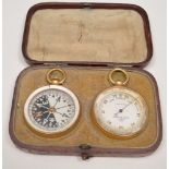 Gilt metal cased pocket barometer, signed Negretti and Zambra London 11700, a similar compass,