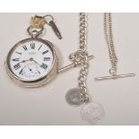 Silver pocket watch, 935 standard, white enamel dial signed Bruford, Leicester, Swiss movement,