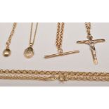 Collection of five 9ct gold necklaces.