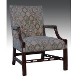 Gainsborough style stained wood chair, 20th Century, upholstered in pattern cotton, carved and down