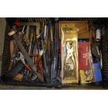 Two black plastic trays, containing large selection of hand tools, 2 boxes.
