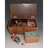 Box containing V twin steam engine kit, and clockwork man in row boat, boxed (2).