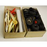 Box containing wheels, props, plains and control line handles etc.