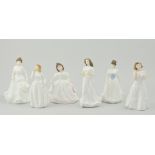 Royal Doulton figures:  Sentiments Greeting HN4250, Welcome HN3764, Melody HN4117, Joy HN3875,