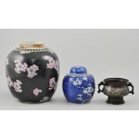 Famille Noir Chinese jar, three Chinese blue and white ginger jars,