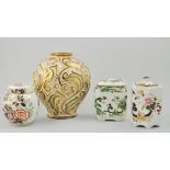 Wade gothic bolster shape vase, gilt floral decoration together with three Masons jars (4).