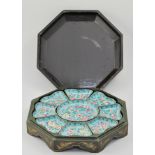 Chinese Canton style enamel dinner set, with a floral decoration on a turquoise ground, (cased).