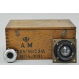 Mahogany Air Ministry box, together with a collection of lenses.