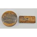 A Mauchline ware circular snuff box, transfer printed with Stirling Castle,