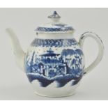 18th Century style blue and white porcelain tea pot, decorated with oriental scenes (a.f.)  16.5cm.