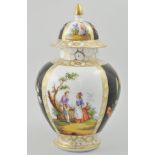 Dresden baluster vase, hand painted with reserves of romantic scenes in landscapes,