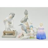 Royal Doulton figure, HN1370, Beswick Beatrix Potter Jemima Puddleduck and three Lladro figures (5).