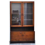 Stained wood display cabinet, with glazed and panelled doors above a cupboard base, height 191cms,
