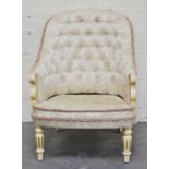 Modern white painted armchair, ivory coloured, buttoned back floral pattern upholstery.