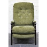 Modern armchair, green button-back upholstery.