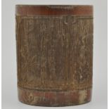 Chinese bamboo brush pot, carved with continuous landscapes, height 15cms.