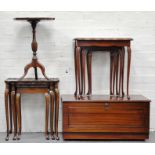 Carved mahogany nest of tables, another nest of tables,