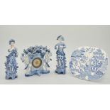 Continental porcelain blue and white clock garniture, and other blue and white pottery, various,