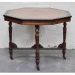 Victorian walnut and ebonised window table, hexagonal top, turned and ringed legs, height 74cms,