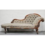 Victorian walnut chaise longue, ivory ground with floral upholstery.