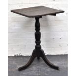 Victorian oak and rosewood tripod table, square top, turned and ringed supports, height 72cms.