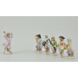 Set of six German porcelain Monkey Band figures, 20th Century, including The Conductor, 14cms,