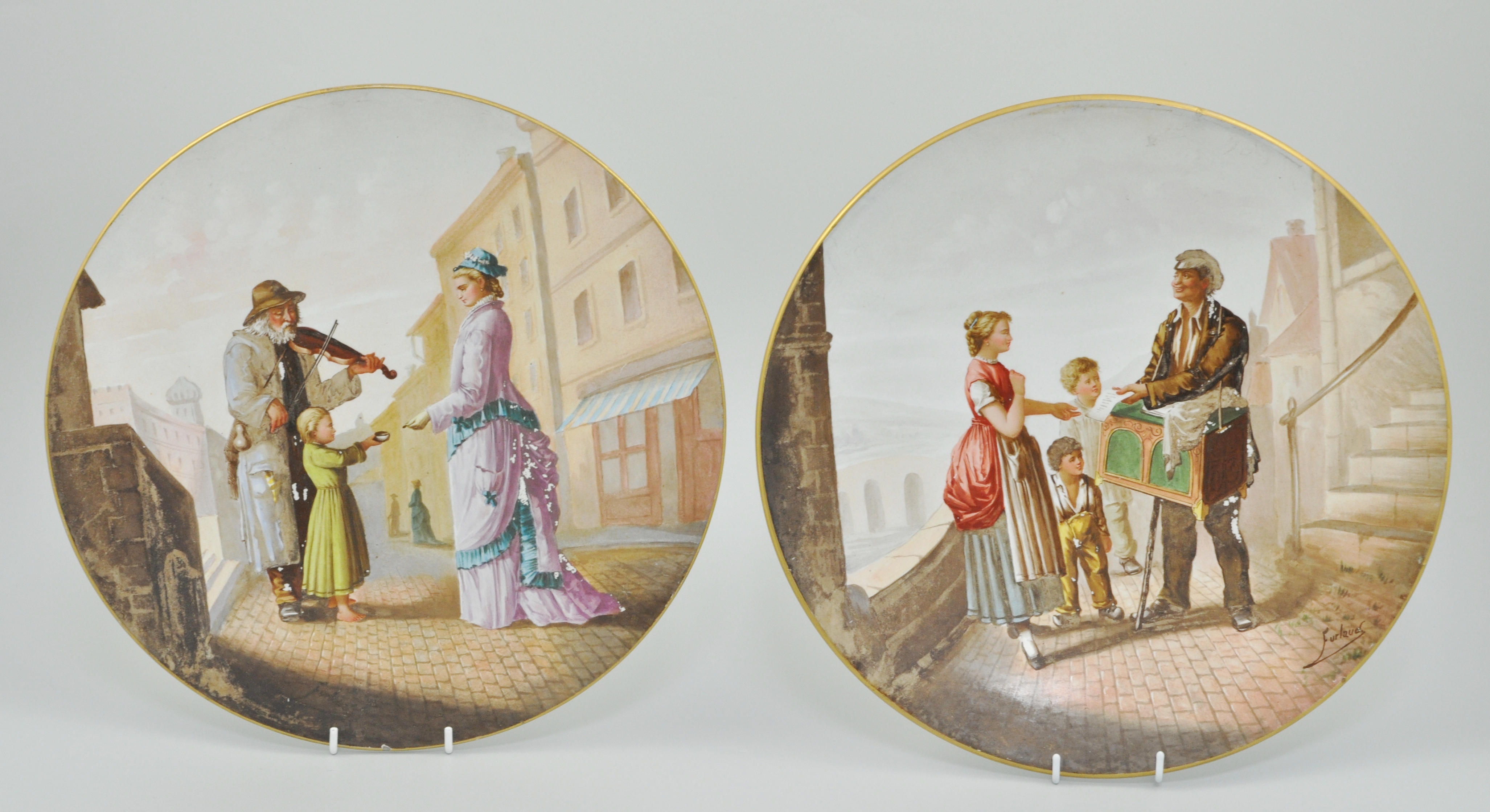 Continental painted plaque, decorated with a figural street scene,